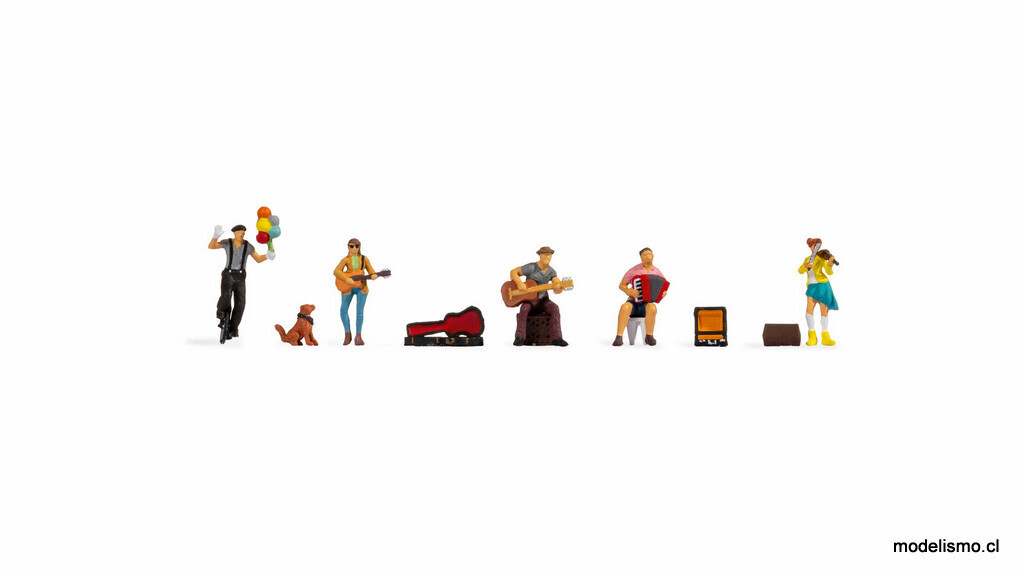 Noch 15597 Artistas callejeros, 6x figuras que incluyen: guitarrista, guitarrista con perro - violinista, acordeonista, monociclista con globos