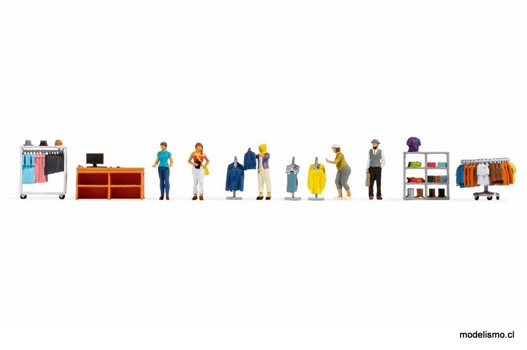 Noch 16241 ​Mundo temático de figuras &quot;Tienda de moda&quot;: 4 clientes, 1 vendedora, 1 mostrador de ventas con caja registradora, 3 puestos de venta de pie con ropa, 1 estante con rueda
