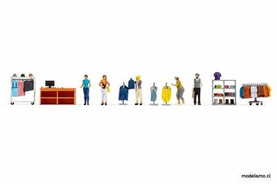 Noch 16241 ​Mundo temático de figuras &quot;Tienda de moda&quot;: 4 clientes, 1 vendedora, 1 mostrador de ventas con caja registradora, 3 puestos de venta de pie con ropa, 1 estante con rueda