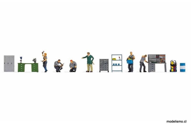 Noch 16250 ​Figura tema mundo &quot;Taller&quot; - 6 figuras de modelo de trabajo, 2 bancos de trabajo, 1 gabinete de metal, 1 archivador, 1 estante de metal, 1 equipo de soldadura, 1 barril
