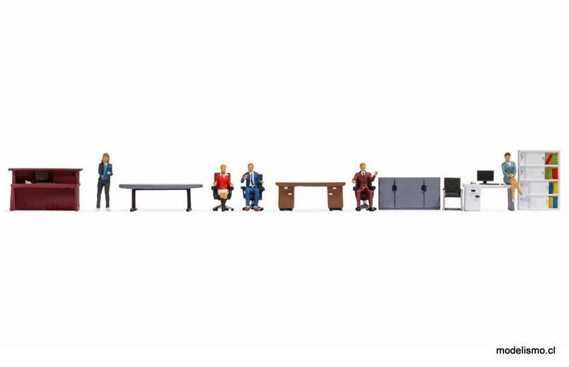 Noch 16251 ​Mundo de figuras temático &quot;Oficina&quot;: 4 figuras modelo sentadas, 1 figura modelo de pie, 1 escritorio grande, 1 escritorio pequeño, 1 mostrador de recepción, 1 aparador,