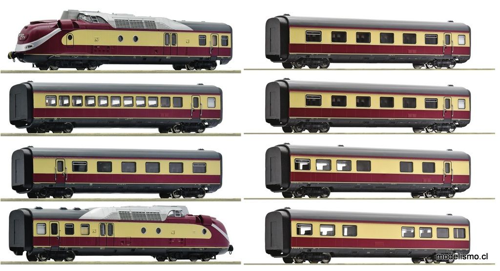 Roco 7700002+6200003 Set de 8 piezas 7700002 Set de 4 piezas: Unidad múltiple de turbina de gas serie 602, DB + 6200003 Set de 4 piezas: Coches intermedios para la unidad múltiple d