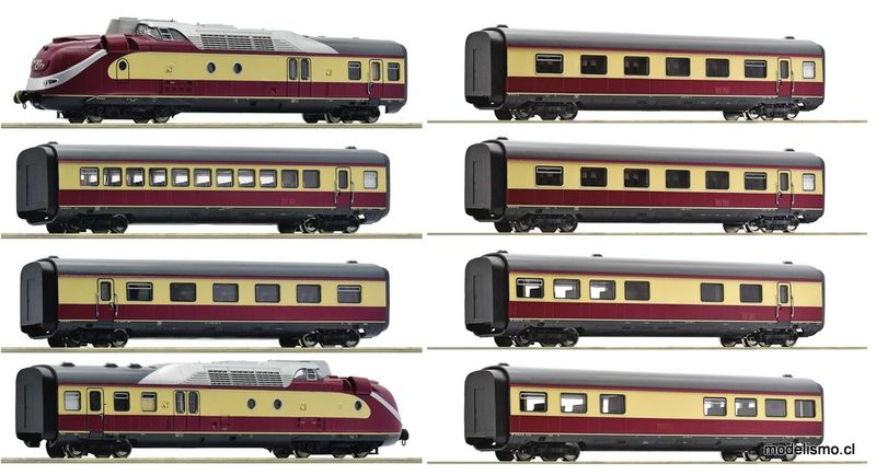 Roco 7700002+6200003 Set de 8 piezas 7700002 Set de 4 piezas: Unidad múltiple de turbina de gas serie 602, DB + 6200003 Set de 4 piezas: Coches intermedios para la unidad múltiple d