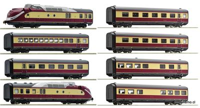 Roco 7700002+6200003 Set de 8 piezas 7700002 Set de 4 piezas: Unidad múltiple de turbina de gas serie 602, DB + 6200003 Set de 4 piezas: Coches intermedios para la unidad múltiple d