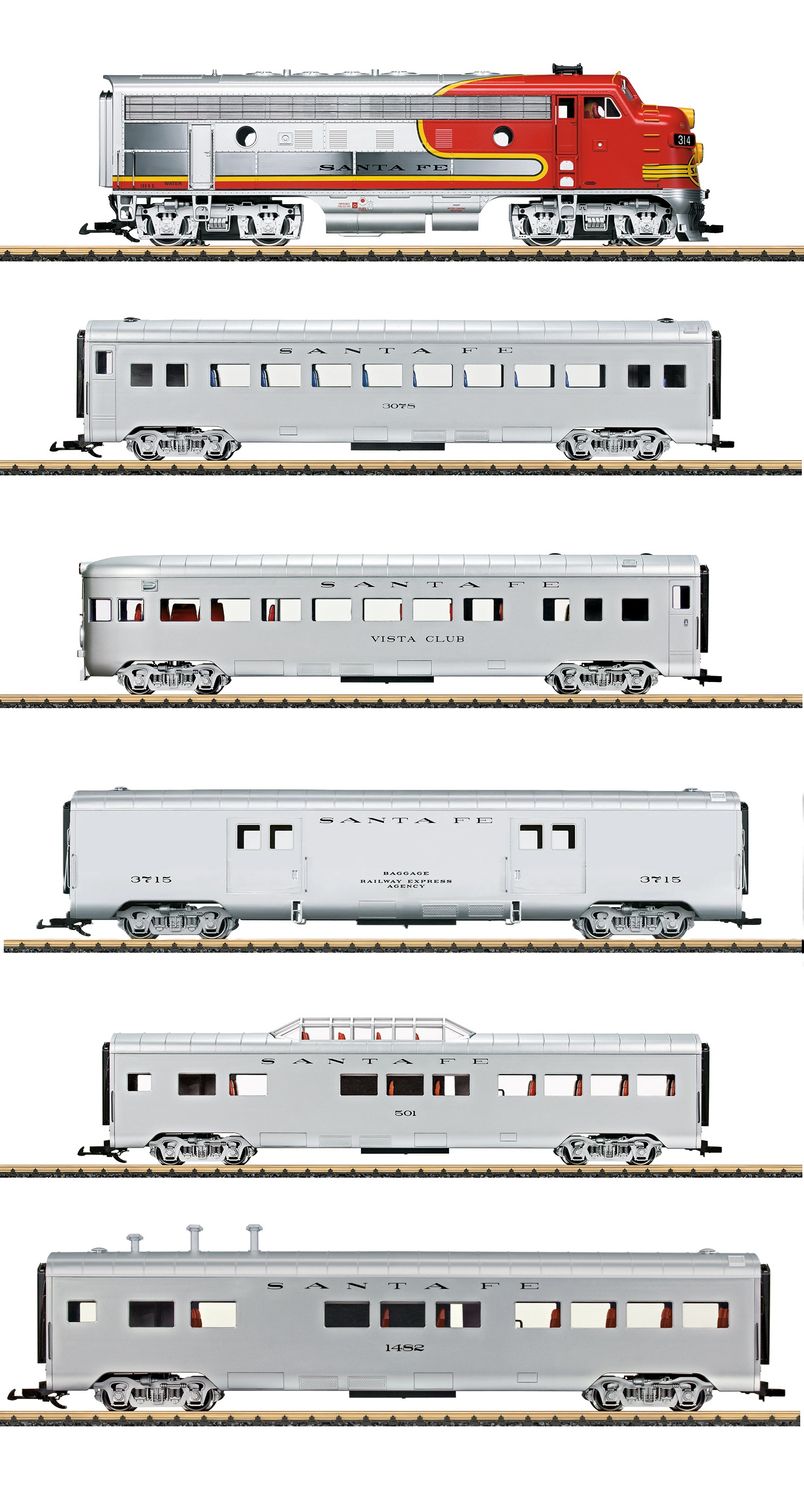 LGB Santa Fe tren 20583 F7A 36569 Passenger Car 36568 Observation Car 36579 Baggage Car 36567 Dome Car 36578 Dining Car - usado