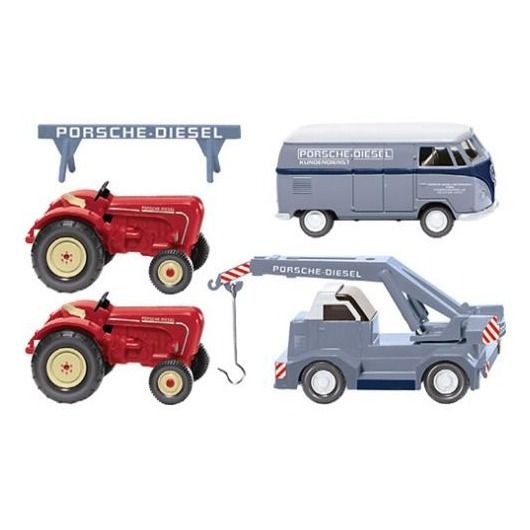 Wiking 99095 Juego de tractor Porsche, grúa móvil Demag, caja VW T1 y 2 tractores Porsche 1:87