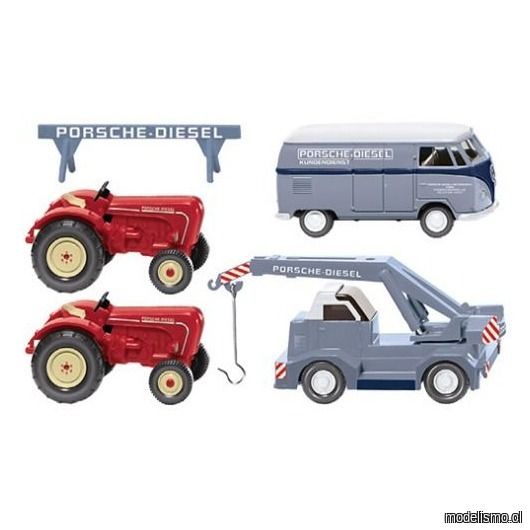 Wiking 99095 Juego de tractor Porsche, grúa móvil Demag, caja VW T1 y 2 tractores Porsche 1:87
