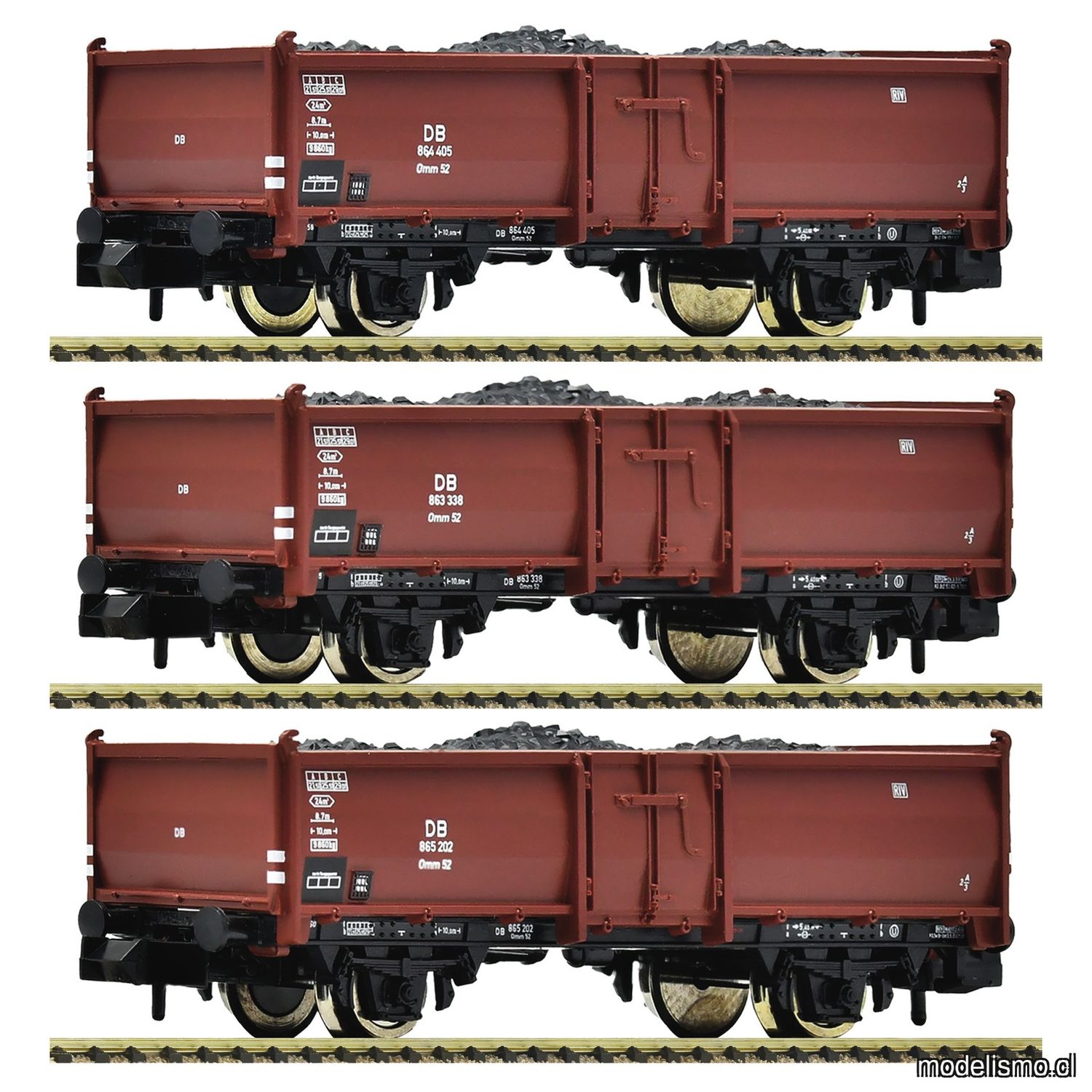 pre orderen Fleischmann 820530 - Set de tres vagones para el transporte de carbón, tipo Omm52, DB pre orderen Fleischmann 820530 - Set de tres vagones para el transporte de carbón, tipo Omm52, DB