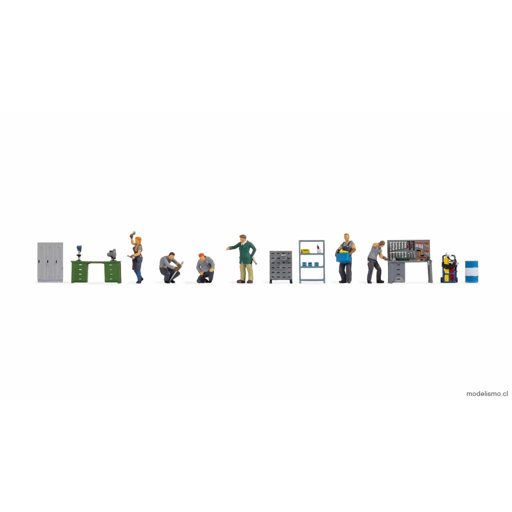 Noch 16250 ​Figura tema mundo "Taller" - 6 figuras de modelo de trabajo, 2 bancos de trabajo, 1 gabinete de metal, 1 archivador, 1 estante de metal, 1 equipo de soldadura, 1 barril