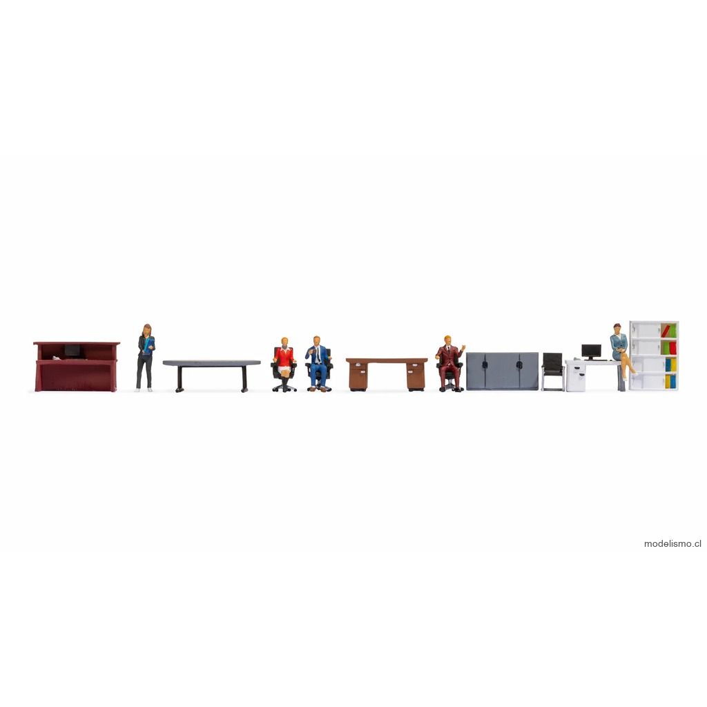 Noch 16251 ​Mundo de figuras temático "Oficina": 4 figuras modelo sentadas, 1 figura modelo de pie, 1 escritorio grande, 1 escritorio pequeño, 1 mostrador de recepción, 1 aparador,