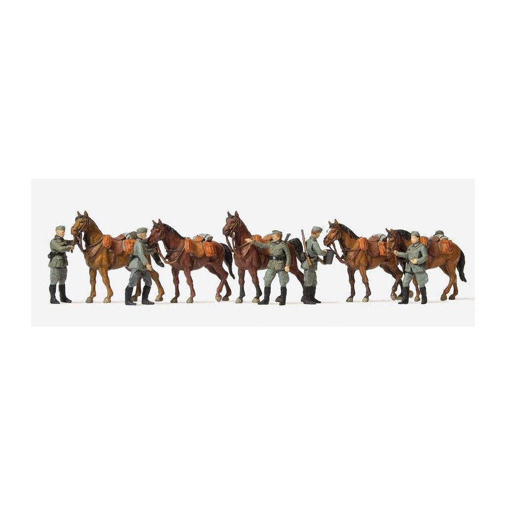 Preiser 16607 H0 - Soldados de caballería, de pie, con caballos, 1939-45, figuras sin pintar, cinco caballos y cinco jinetes. Preiser 16607 H0 - Soldados de caballería, de pie, con caballos, 1939-45, figuras sin pintar, cinco caballos y cinco jinetes.