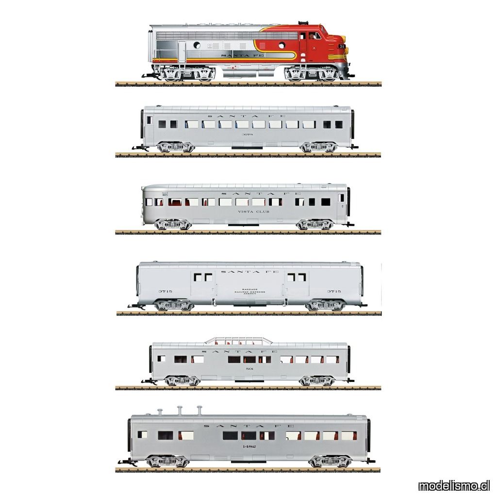 KL LGB Santa Fe tren 20583 F7A 36569 Passenger Car 36568 Observation Car 36579 Baggage Car 36567 Dome Car 36578 Dining Car - usado