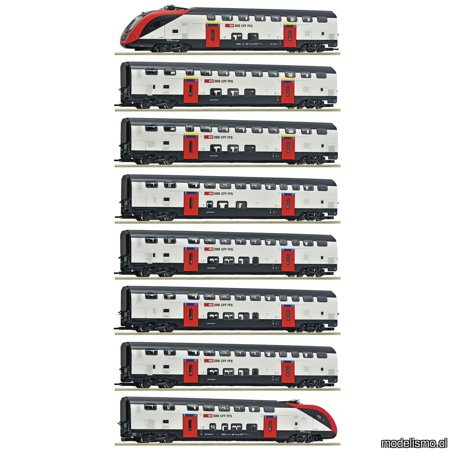 pre orderen Roco 7710007 Set de 8 piezas: Tren de dos pisos de larga distancia RABe 502, SBB con luz interior y sonido pre orderen Roco 7710007 Set de 8 piezas: Tren de dos pisos de larga distancia RABe 502, SBB con luz interior y sonido