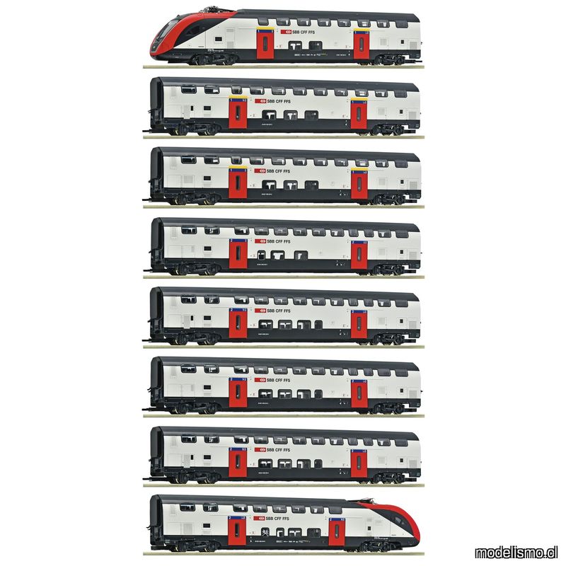 pre orderen Roco 7710007 Set de 8 piezas: Tren de dos pisos de larga distancia RABe 502, SBB con luz interior y sonido pre orderen Roco 7710007 Set de 8 piezas: Tren de dos pisos de larga distancia RABe 502, SBB con luz interior y sonido