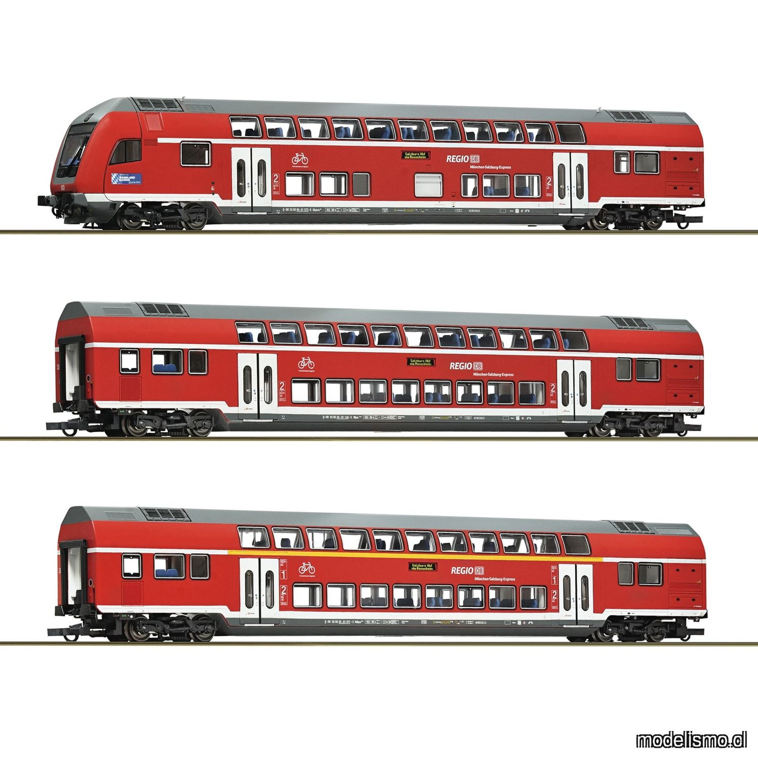 pre orderen Roco 6220144 - 3 piece set: Double-deck coaches, DB AG para Märklin