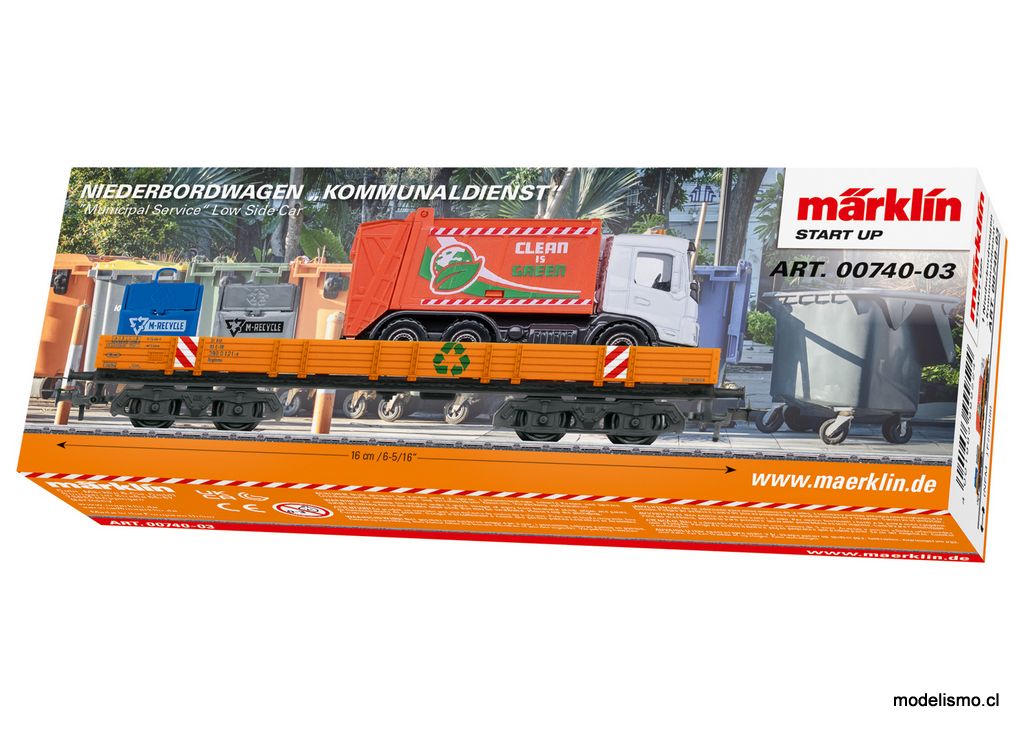 Reserva anticipada - Märklin 00740-03 Vagones plataforma con librea naranja municipal cargados con un vehículo de servicio municipal. Reserva anticipada - Märklin 00740-03 Vagones plataforma con librea naranja municipal cargados con un vehículo de servicio municipal.