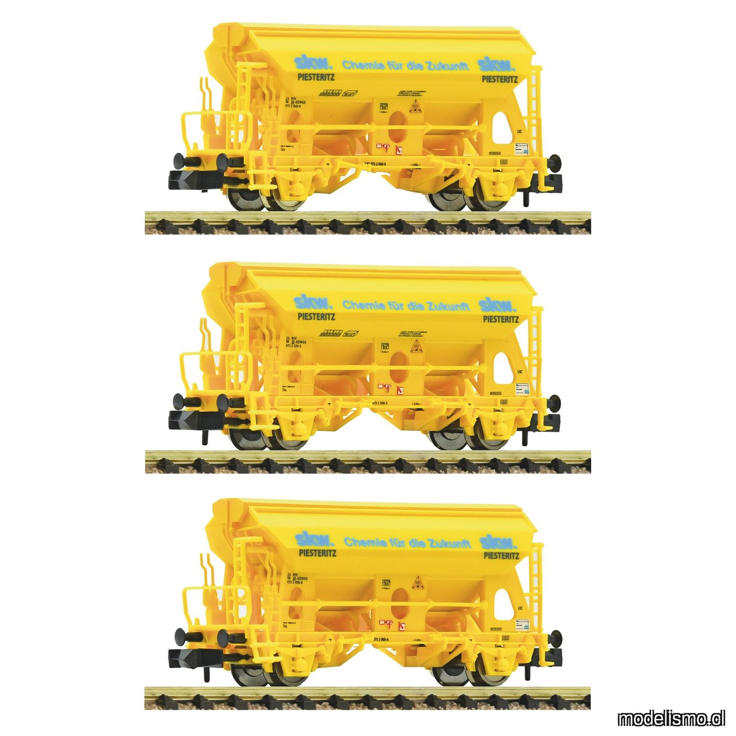 pre orderen Fleischmann 6660172 Set de 3 piezas: Vagones con techo abatible "SKW Piesteritz", DB AG pre orderen Fleischmann 6660172 Set de 3 piezas: Vagones con techo abatible "SKW Piesteritz", DB AG