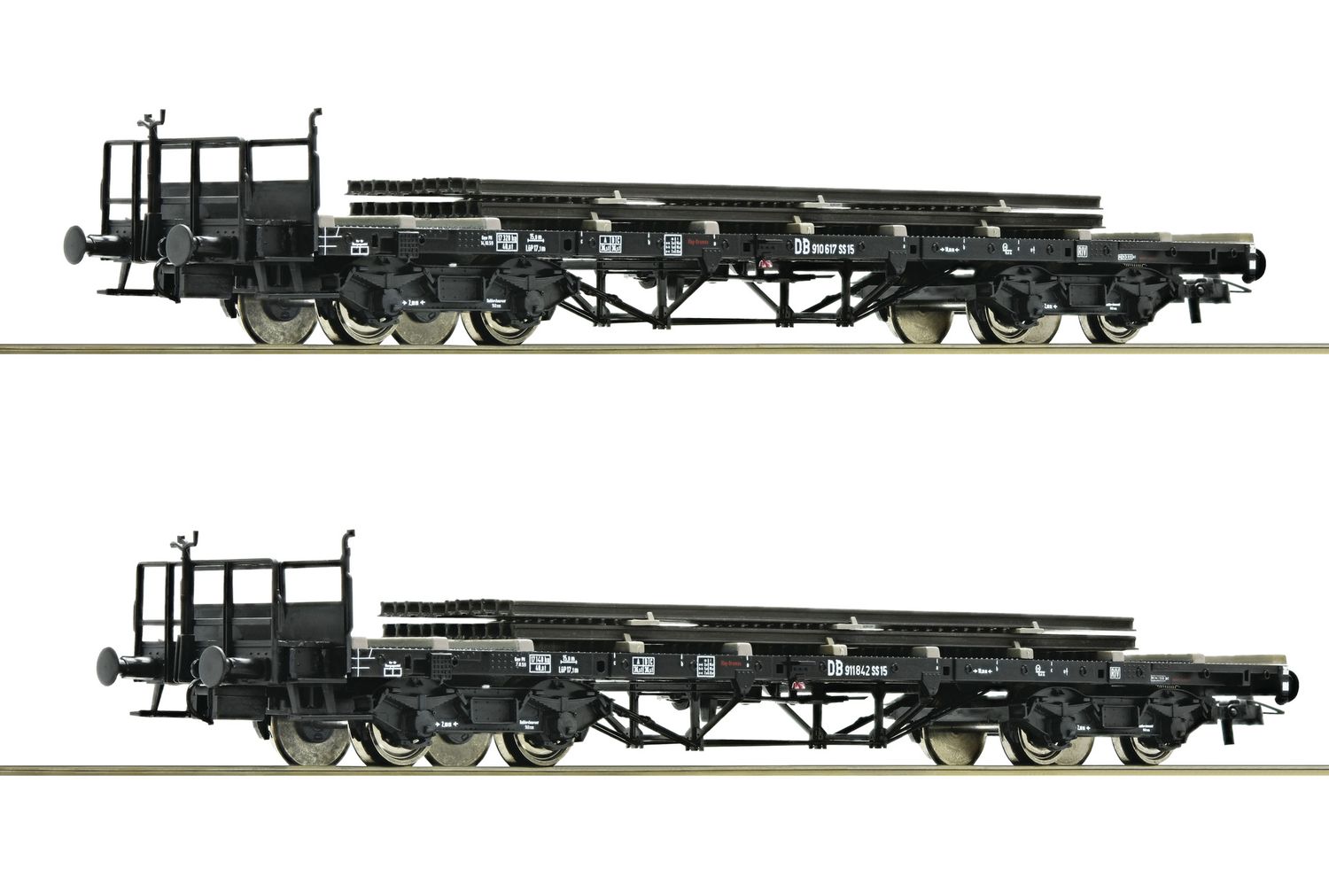 PF Roco 76194 Conjunto de dos vagones de plataforma de los Ferrocarriles Federales Alemanes, cargados con raíles. Época III - usado PF Roco 76194 Conjunto de dos vagones de plataforma de los Ferrocarriles Federales Alemanes, cargados con raíles. Época III - usado