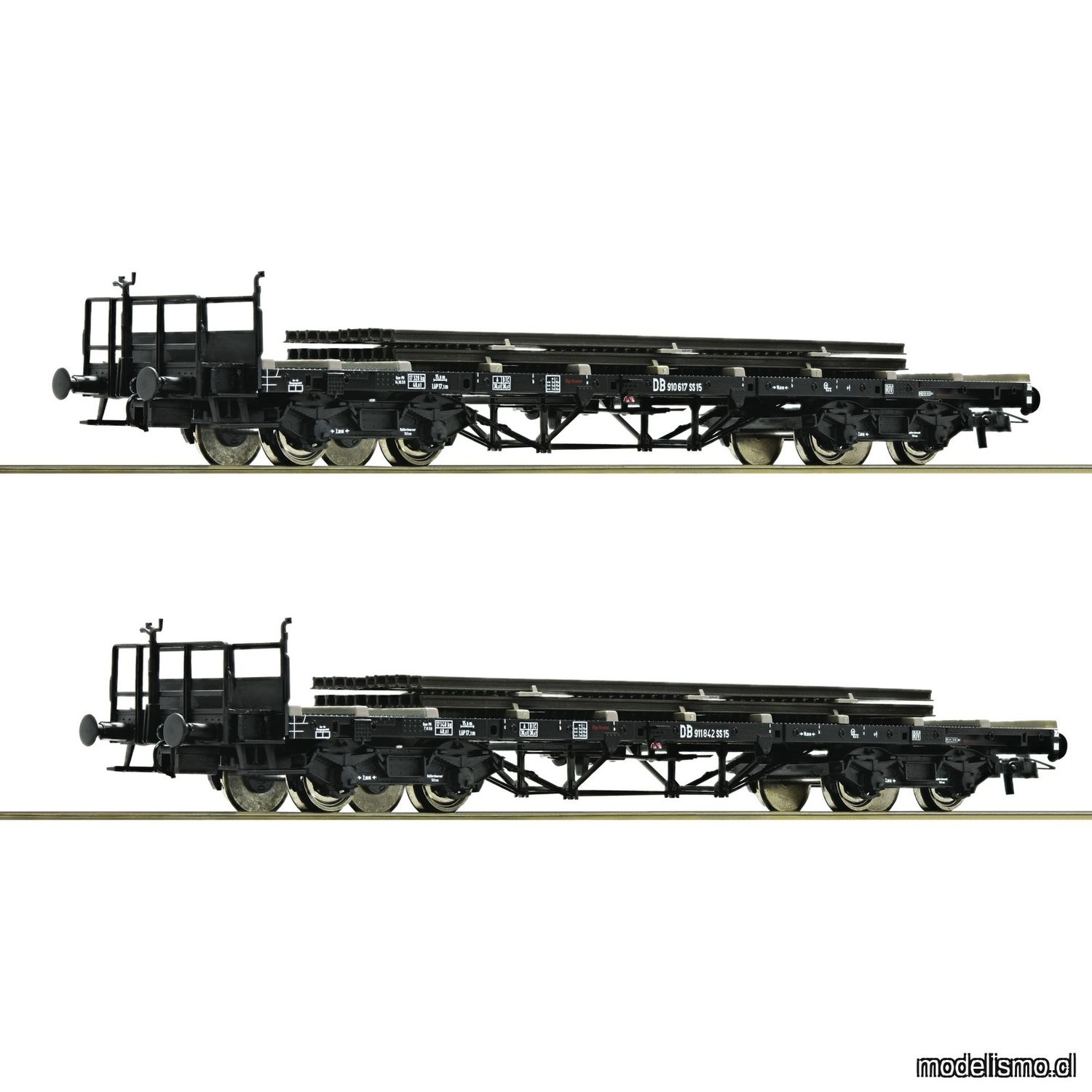 PF Roco 76194 Conjunto de dos vagones de plataforma de los Ferrocarriles Federales Alemanes, cargados con raíles. Época III - usado PF Roco 76194 Conjunto de dos vagones de plataforma de los Ferrocarriles Federales Alemanes, cargados con raíles. Época III - usado
