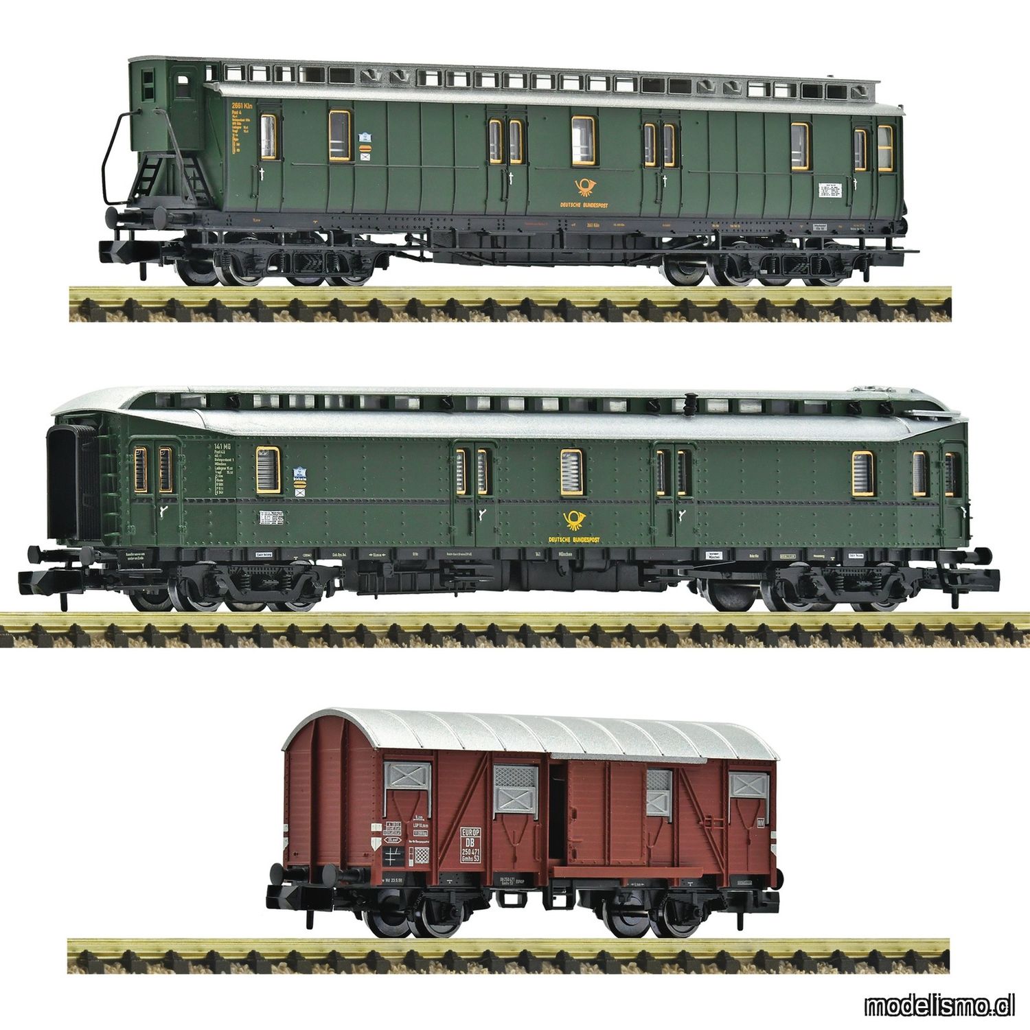 pre orderen Fleischmann 6660168 Set de 3 piezas: Tren postal, DB pre orderen Fleischmann 6660168 Set de 3 piezas: Tren postal, DB