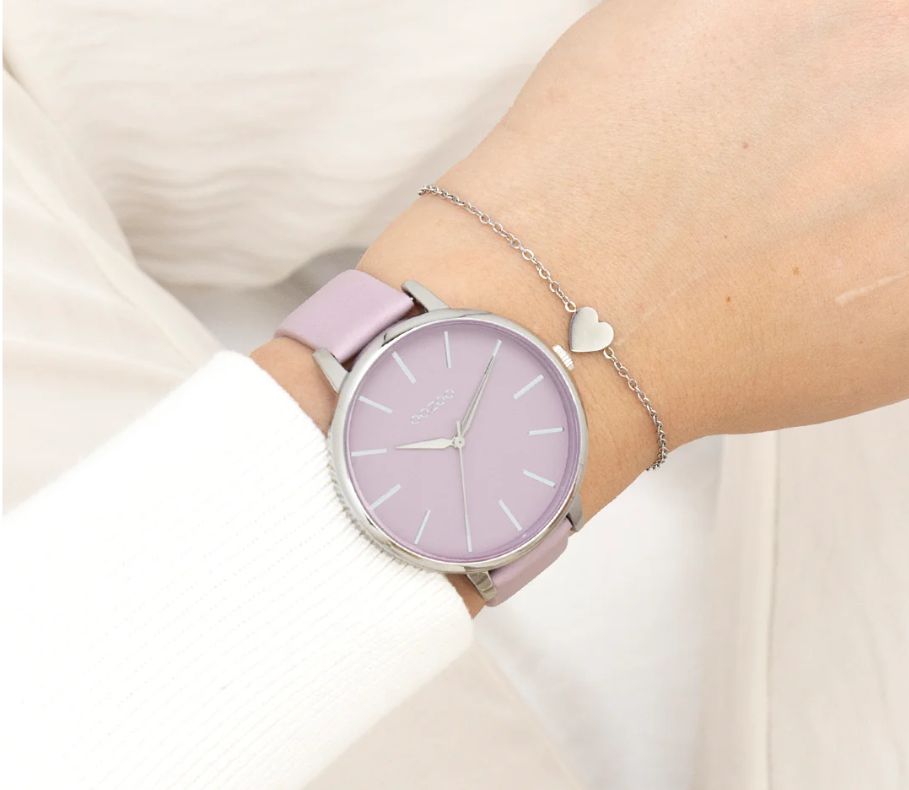 Zilverkleurige OOZOO horloge met lila leren band - C11361