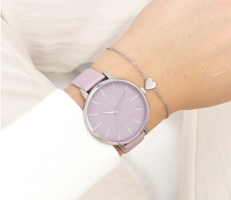Zilverkleurige OOZOO horloge met lila leren band - C11361