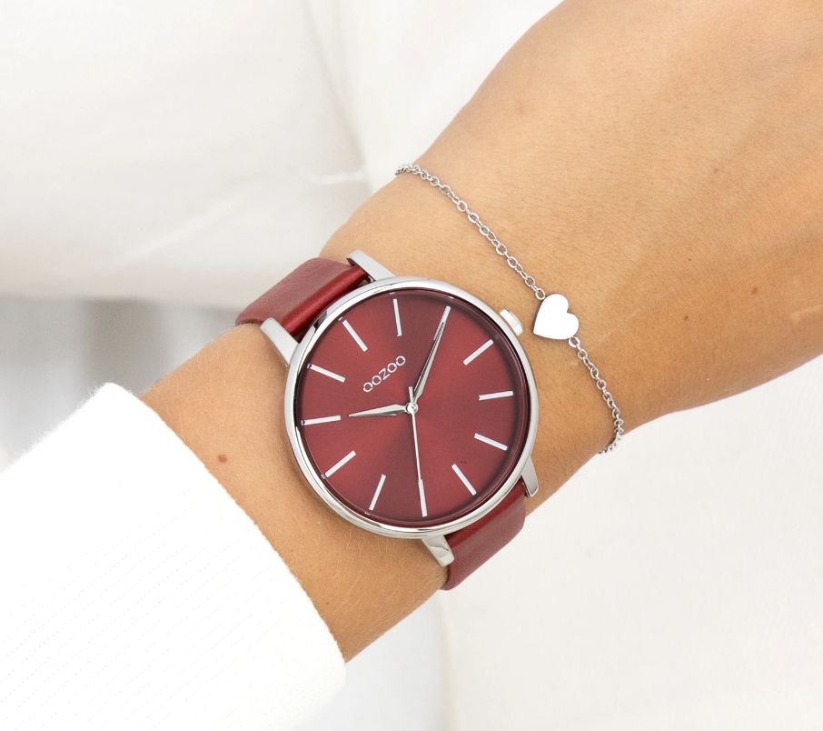 Zilverkleurige OOZOO horloge met dahlia rood leren band - C11299