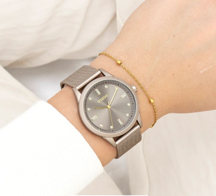 Taupe OOZOO horloge met metalen mesh armband - C11358