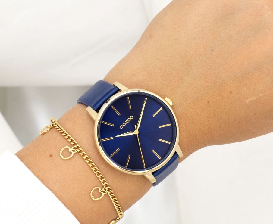Goudkleurige OOZOO horloge met donker blauwe leren band - C11292