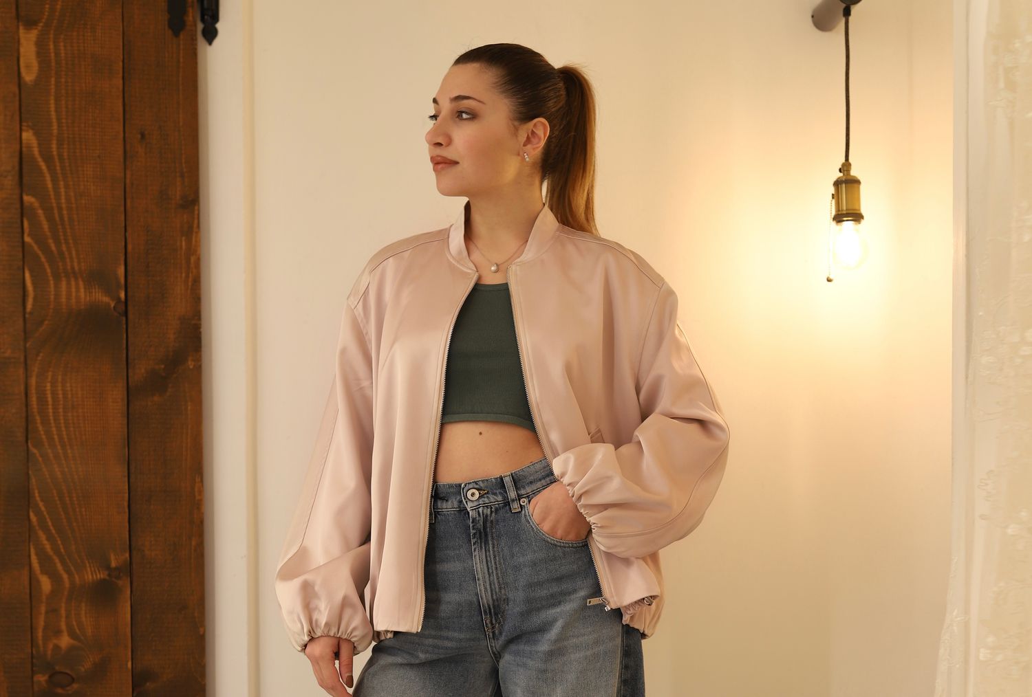 Bomber satin ROSA NUDE con manica a palloncino - SANDRO FERRONE