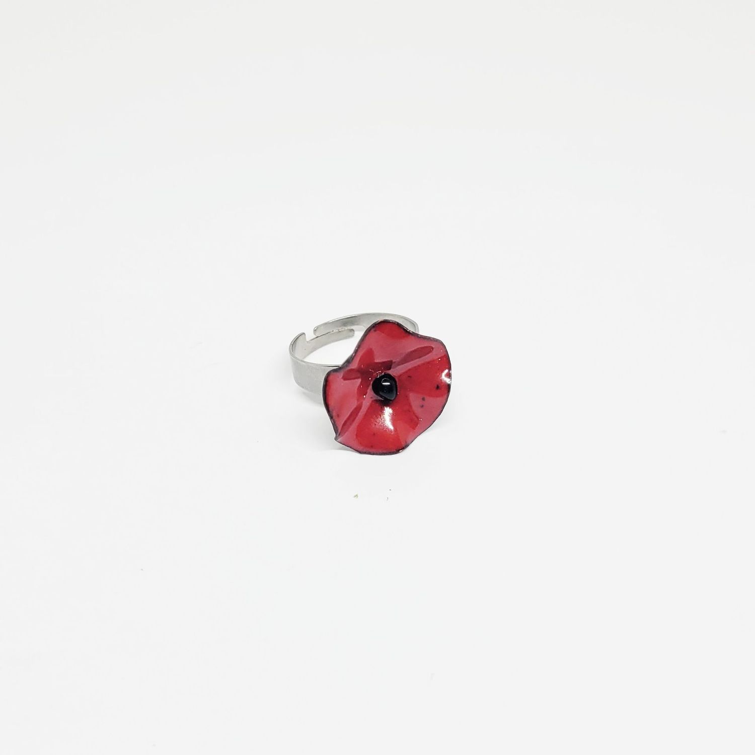 Bague coquelicot rouge en cuivre émaillé