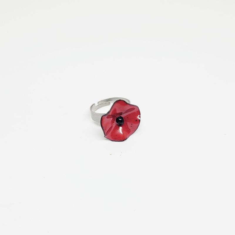 Bague coquelicot rouge en cuivre émaillé