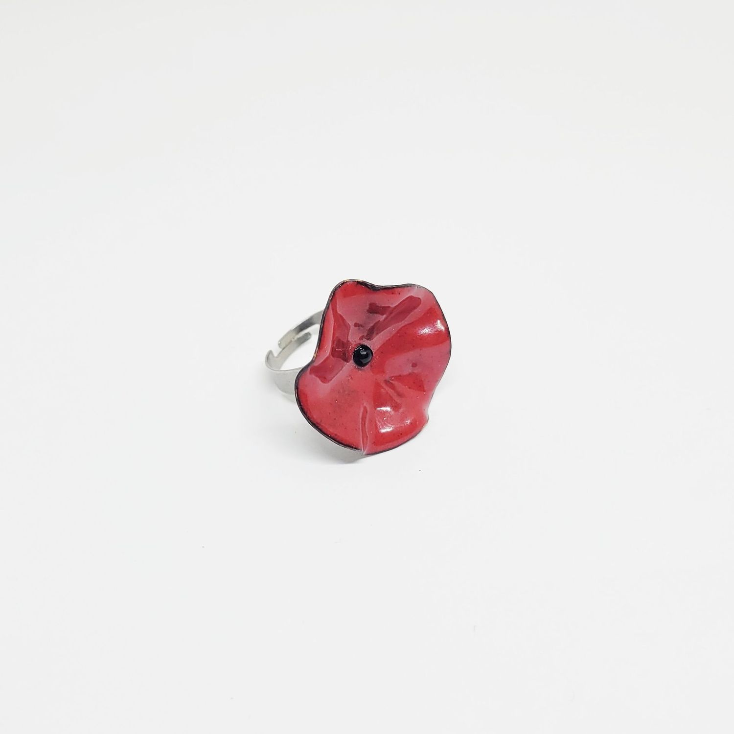 Bague coquelicot rouge en cuivre émaillé