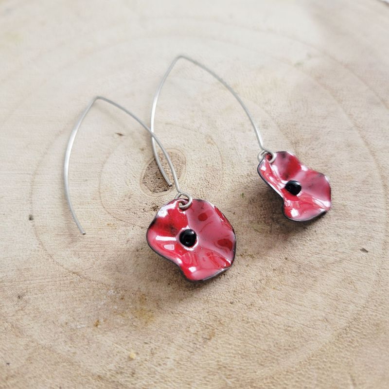 Boucles d'oreilles longues mini coquelicot rouge en cuivre émaillé