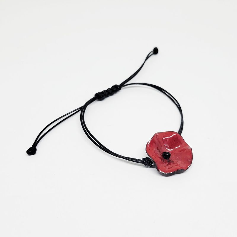 Bracelet réglable coquelicot rouge en cuivre émaillé