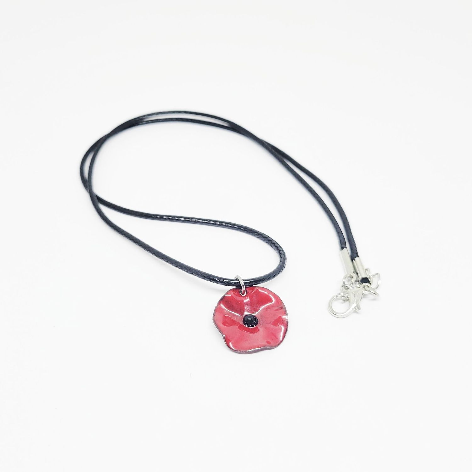Collier mini coquelicot rouge en cuivre émaillé et cordon