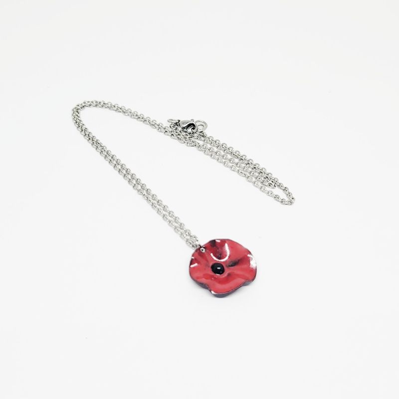 Collier coquelicot rouge en cuivre émaillé et chaîne