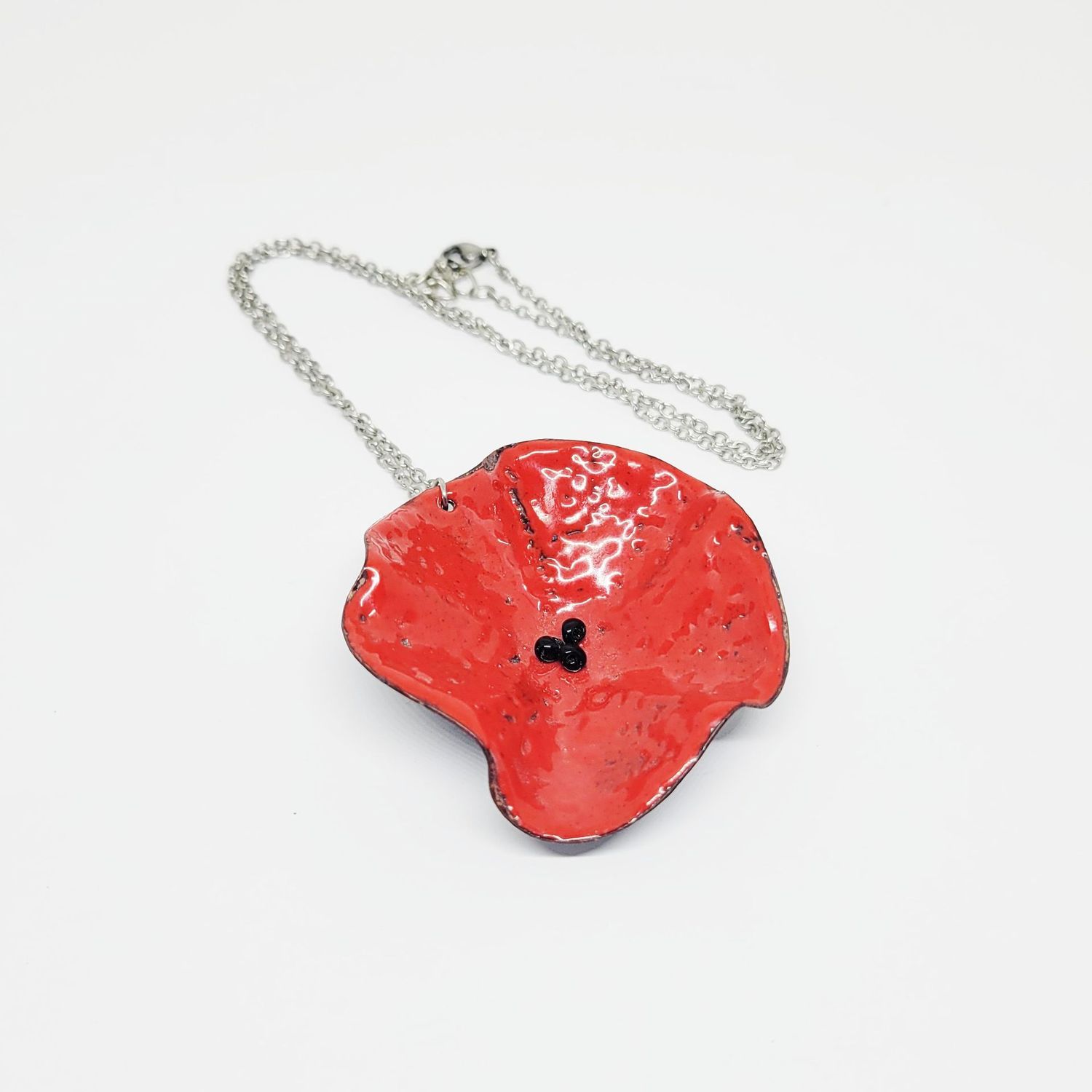 Collier coquelicot rouge en cuivre émaillé XXL et chaine