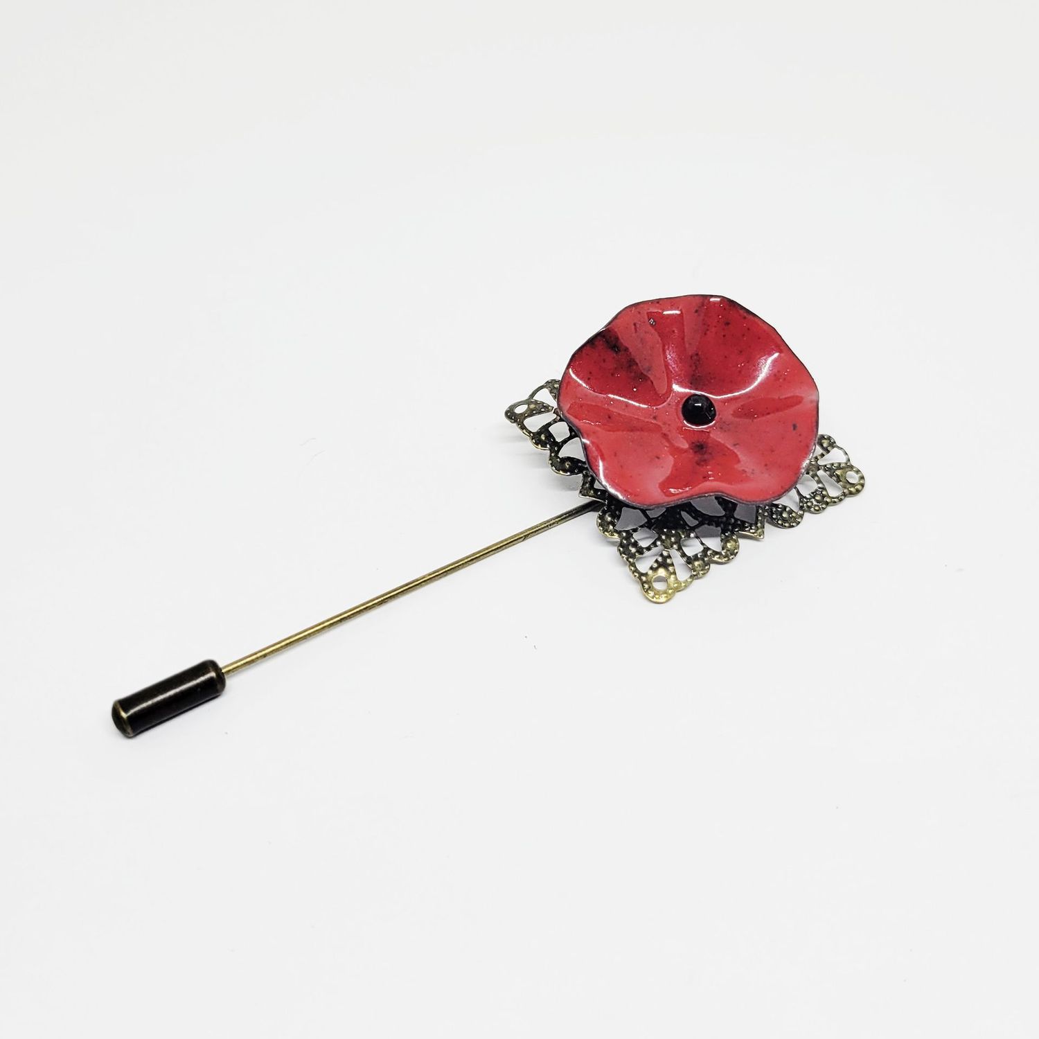 Fibule coquelicot rouge en cuivre émaillé