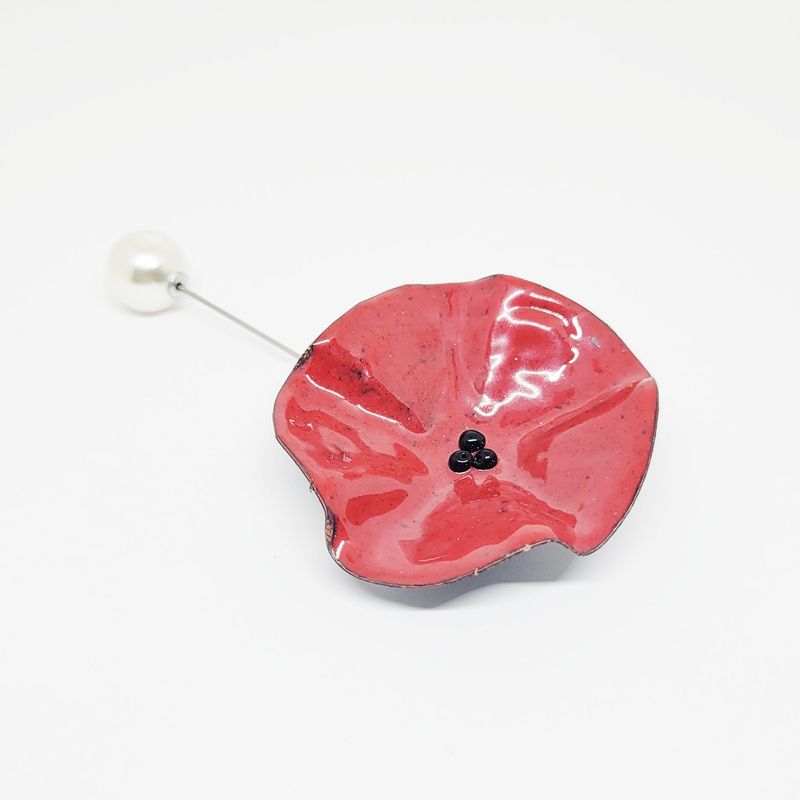 Fibule coquelicot rouge XXL en cuivre émaillé