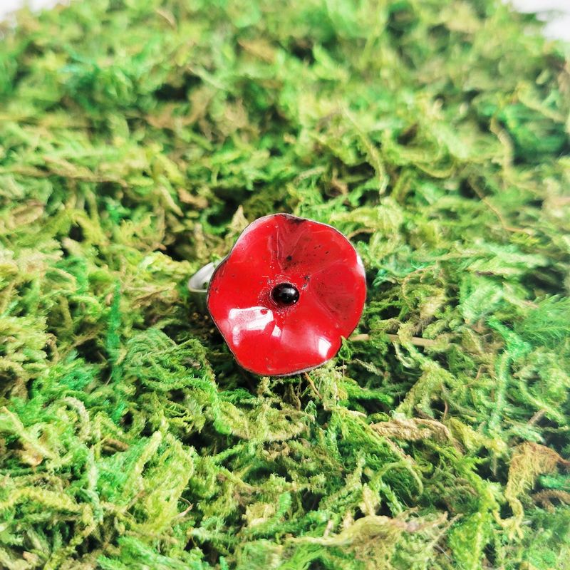 Bague coquelicot en cuivre émaillée rouge