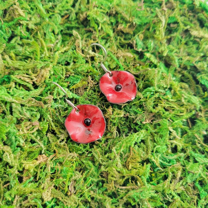 Boucles d'oreilles mini coquelicot rouge en cuivre émaillé