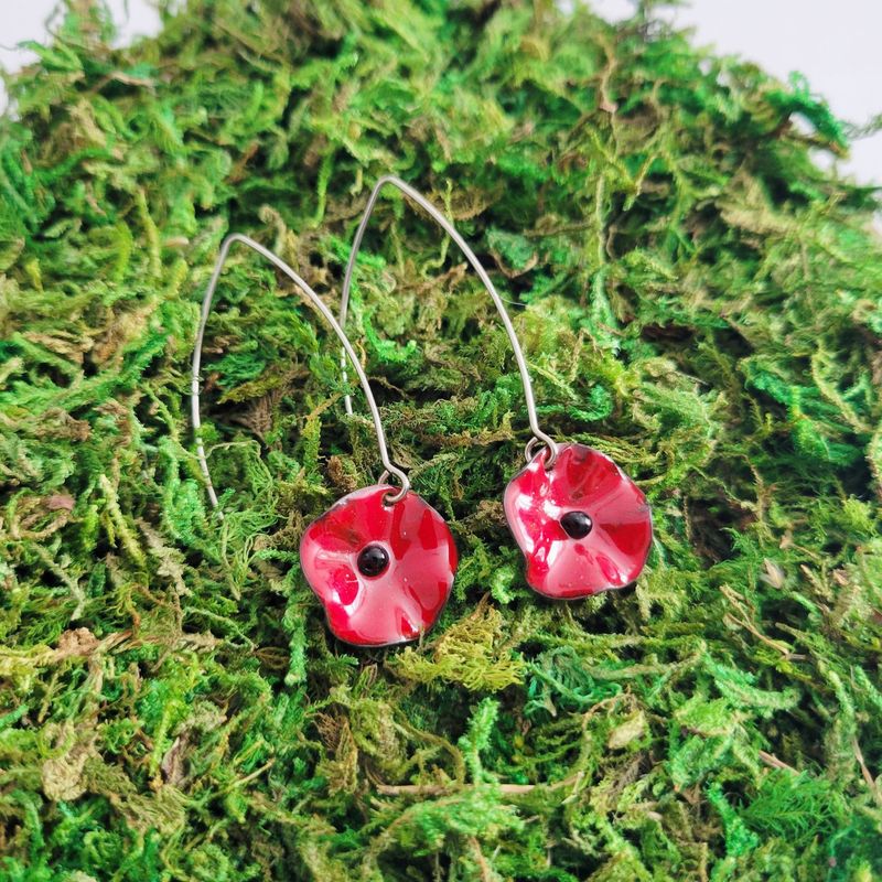 Boucles d'oreilles longues mini coquelicot rouge en cuivre émaillé