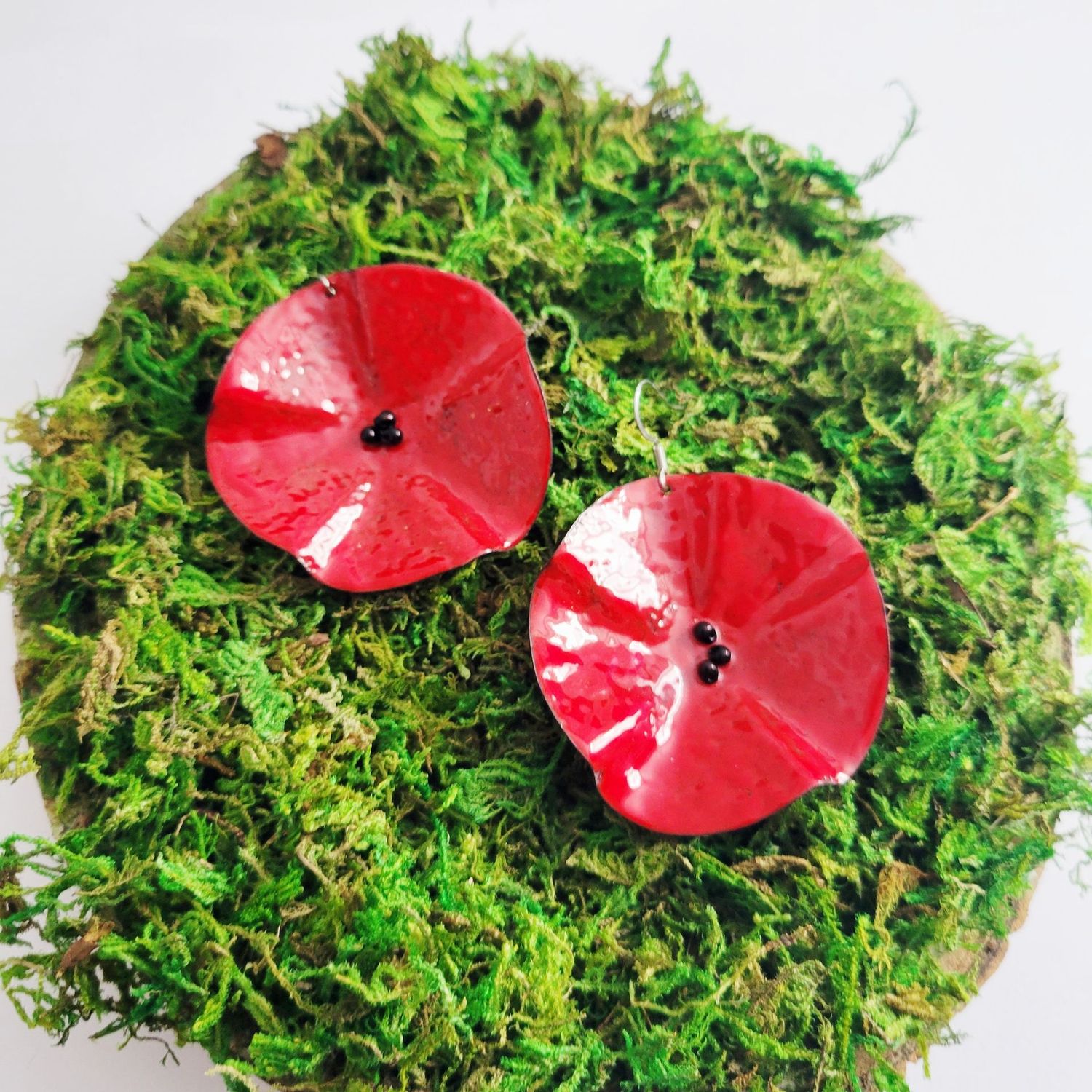 Boucles d'oreilles XXL coquelicot rouge en cuivre émaillé