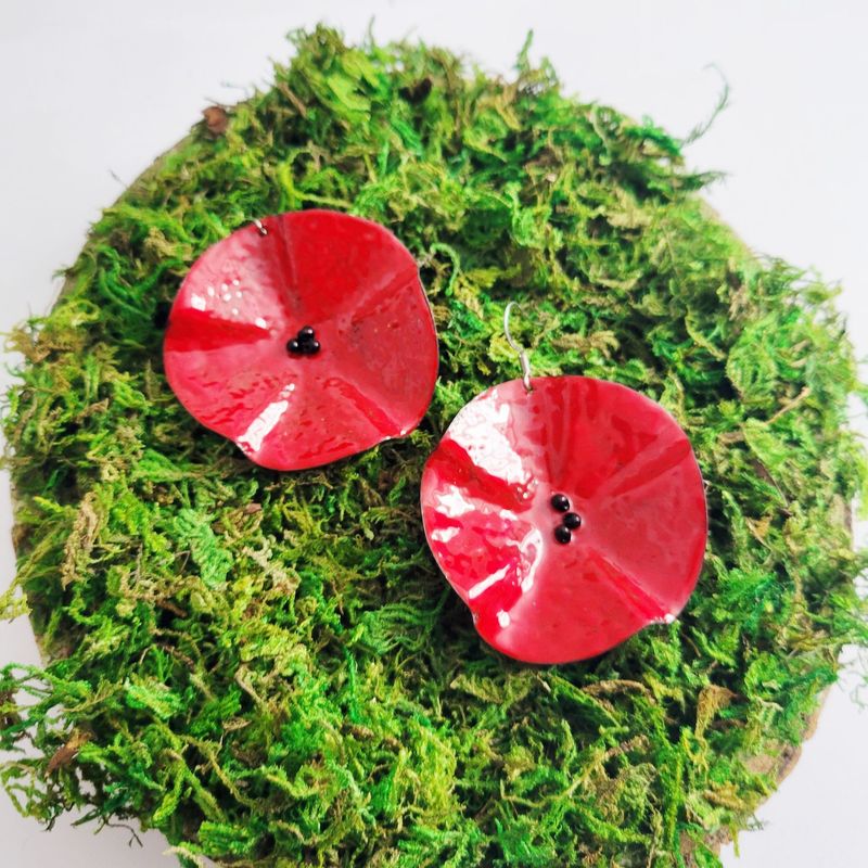Boucles d'oreilles XXL coquelicot rouge en cuivre émaillé