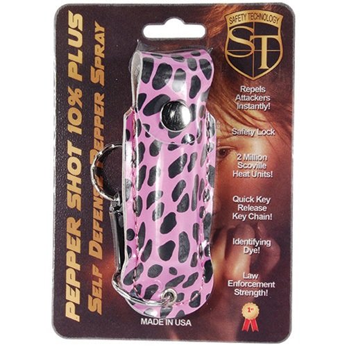 Pepper Shot 1/2 oz fashion leatherette holster and Quick Release Key Chain cheetah black/pink