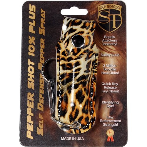 Pepper Shot 1/2 oz fashion leatherette holster and Quick Release Key Chain leopard black/orange