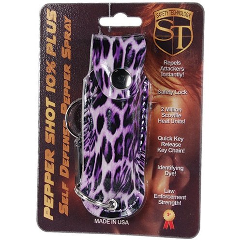 Pepper Shot 1/2 oz fashion leatherette holster and Quick Release Key Chain leopard black/purple