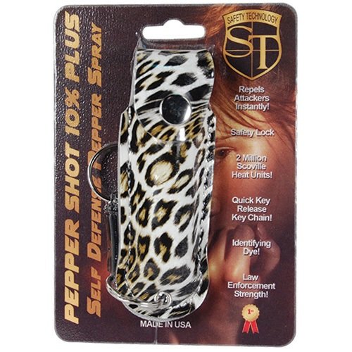 Pepper Shot 1/2 oz fashion leatherette holster and Quick Release Key Chain leopard black/white