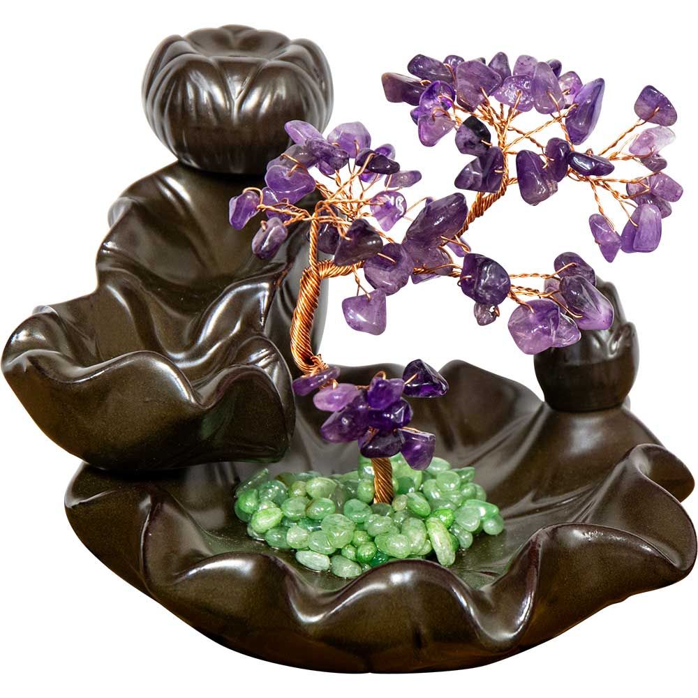 5.5&quot; Ceramic Backflow Incense Burner - Amethyst Gem Tree, SKU KH-89777, UPC 700317378549